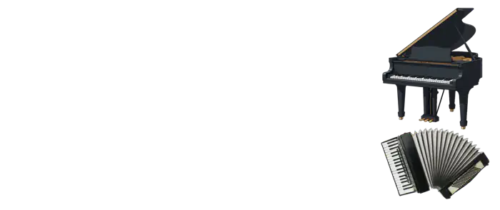 Black grand piano and accordion on white background
