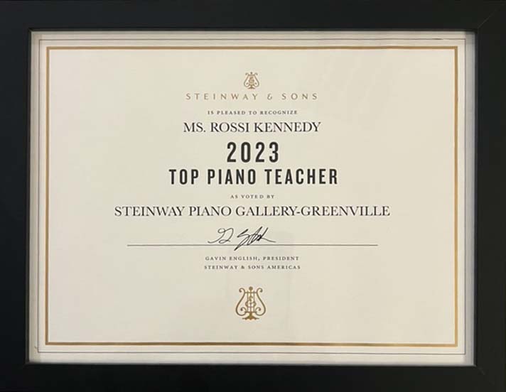 Steinway & Sons 2023 Top Piano Teacher certificate for Rossi Kennedy
