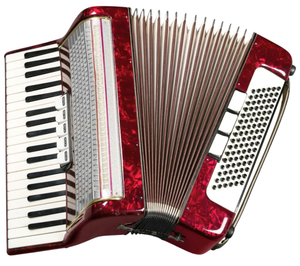 Red pearl piano accordion with keys and bass buttons