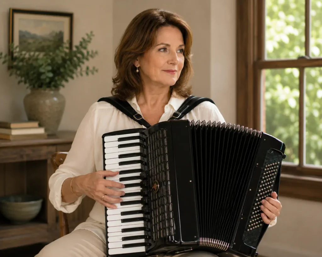 Woman in white blouse playing black accordion indoors