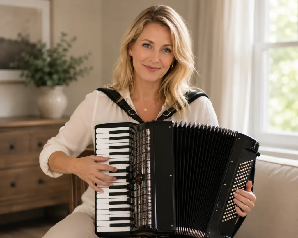 Smiling blonde woman holding a black piano accordion indoors