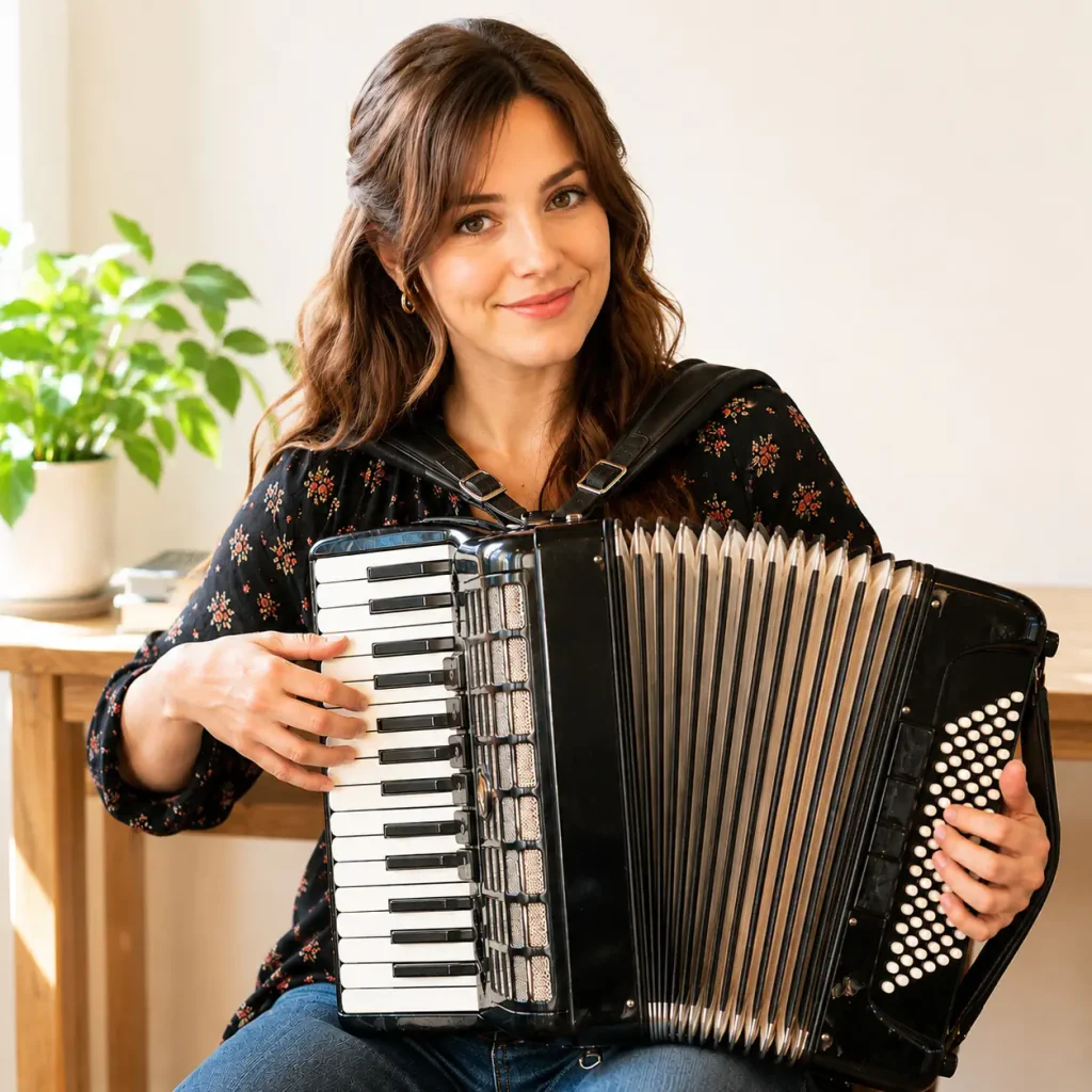 Young woman smiling while holding a black accordion indoors