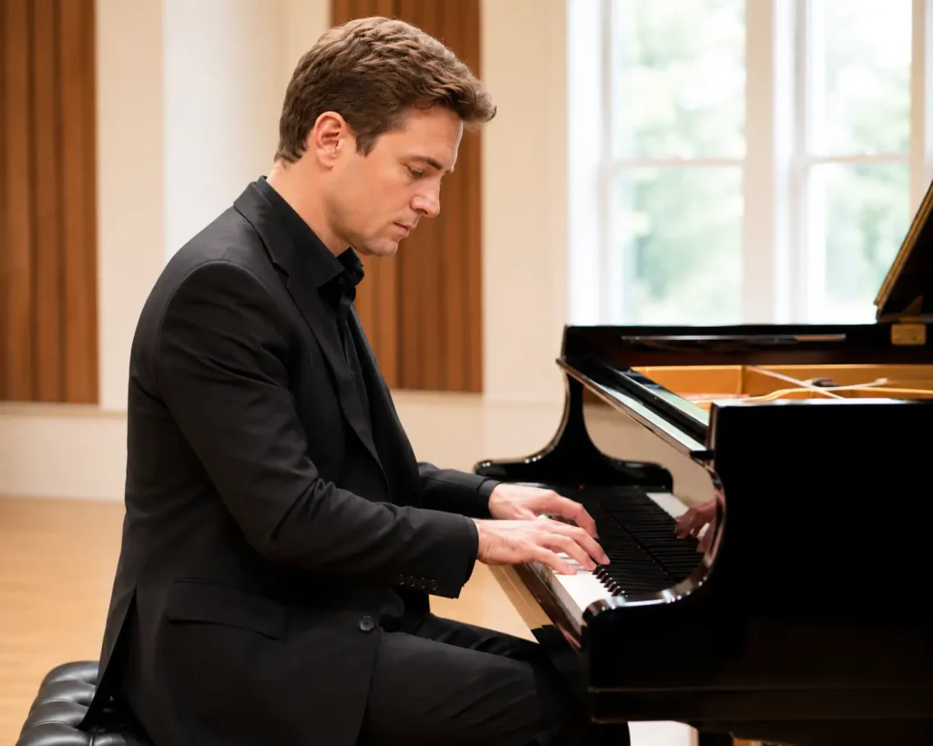 Man in black suit playing grand piano in bright room
