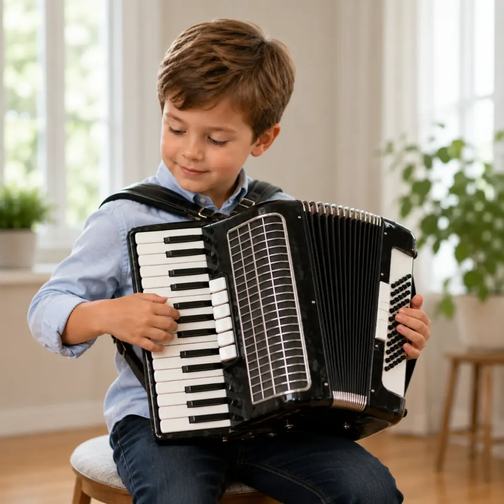 Young boy playing a black accordion while seated indoors